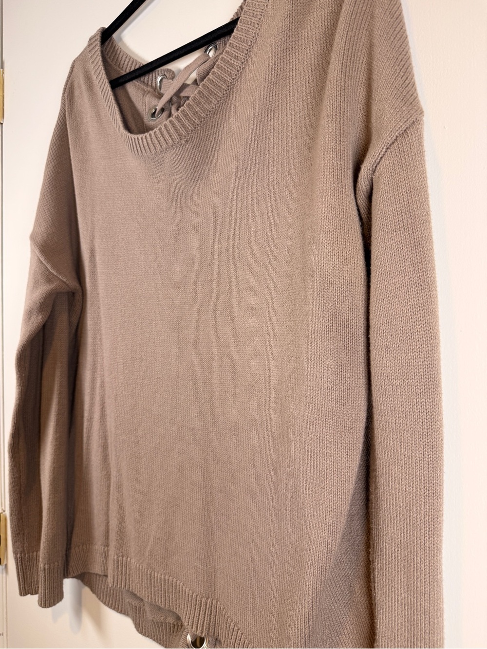 Express Taupe Lace-Up Back Crewneck Sweater - Picture 3 of 7